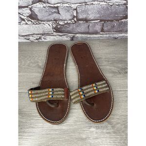 BFF Brown Leather Beaded Handmade Toe Slides Flat Sandals Women Sz 41EU/10.5M US